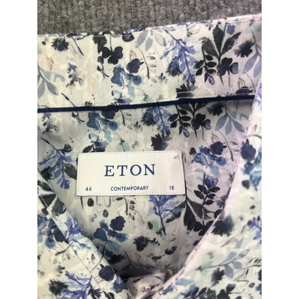 Eton Button Down Shirt Mens 18 46 Blue White Floral Contemporary Fit Long Sleeve